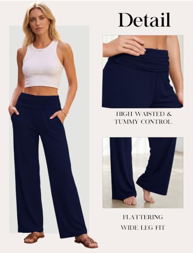 Gracyoga Womens Comfy Pajama Pants Wide Leg Lounge Fold Over Pants Bottoms - color: 05-purenavyblue, size: Medium