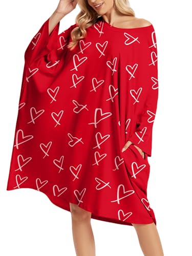 CRIPOM Plus Size Moo Moos for Women Oversized Sleep Shirts with Pockets - color: Red Heart
