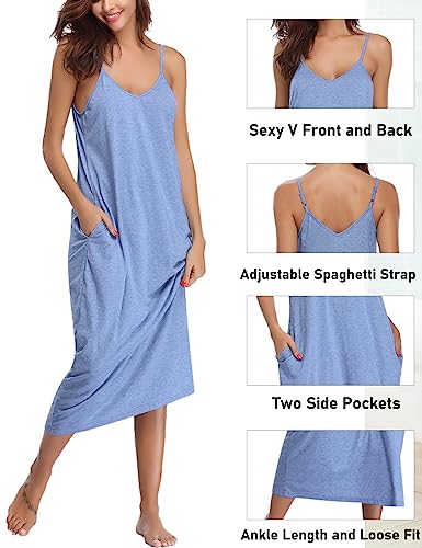 Marvmys Women's Cotton Long Nightgowns Sleeveless Sleep Dress with Pockets - color: Blue, size: Small