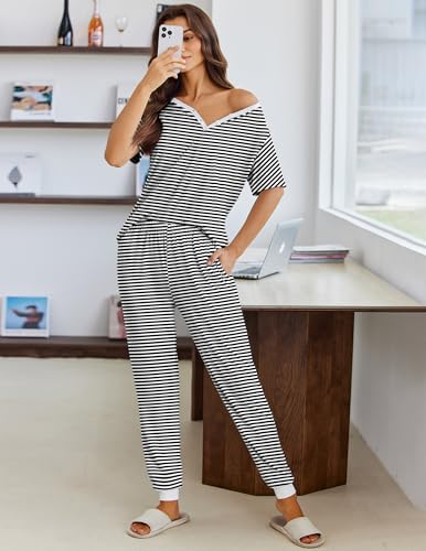 Ekouaer Pajamas for Women Set 2 Piece Fall Sleepwear with Pockets - color: Black Stripe, size: Medium