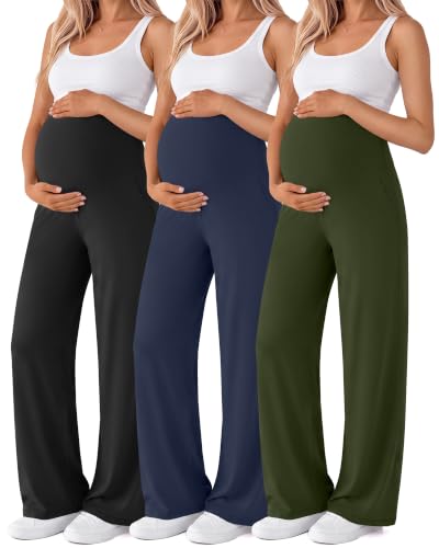 3 Pack Women's Maternity Yoga Pants with Pockets - color: Army Green, Navy Blue, Black, size: Small