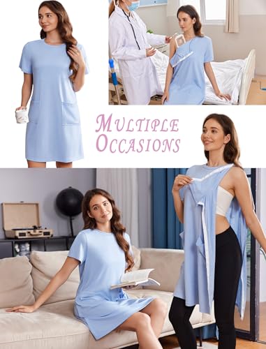 Deyeek Women Post Shoulder Surgery Tear Away Full Open Side Snap Nightgowns - color: Blue, size: X-Large