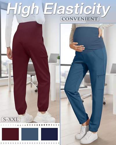 3 Pack Maternity Scrub Cargo Jogger Pants - color: Navy Blue, Blue Green, Wine Red, size: X-Large