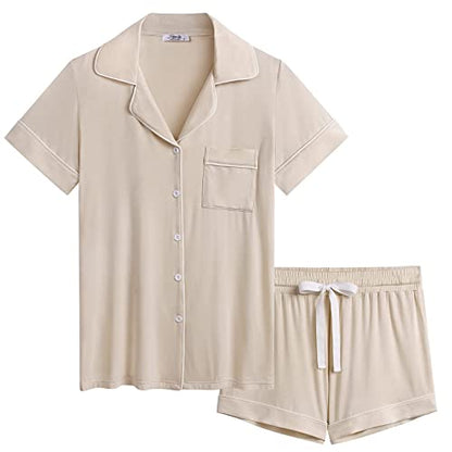 Cherrydew Women's Bamboo Viscose Cooling Button Up Pajama Shorts Set - color: Cream, size: Small