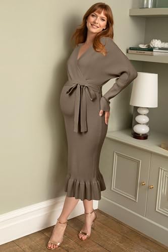 OUGES 2025 Maternity Sweater Nursing Dress for Photoshoot Baby Shower Wedding Guest Outfits Fishtail Ribbed Knit Clothes - color: Smoky Grey, size: Medium
