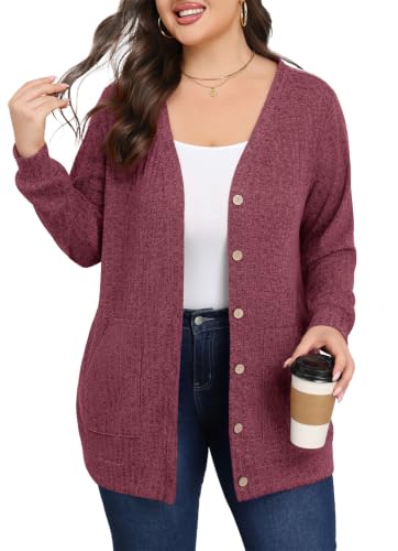 Lastshe Women Plus Size Cardigan Fall Thin Sweaters with Pockets 1X-5X - color: Red, size: 2X