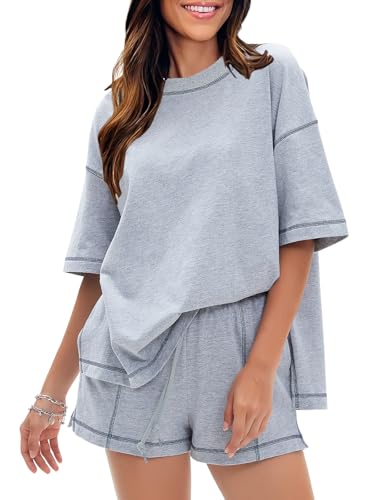 EXLURA Womens Short Sets 2 Piece Outfits Summer 100% Cotton Matching Set - color: Grey, size: Small