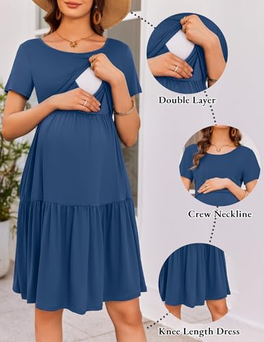 Maternity Dress Summer Short Sleeve Casual Nursing Dresses Breastfeeding - color: Grey Blue, size: Large