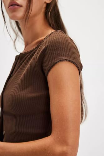 Womens Short Sleeve Cardigan Fitted Button Down Shirts Y2k Going Out Tops - color: Coffee, size: Small