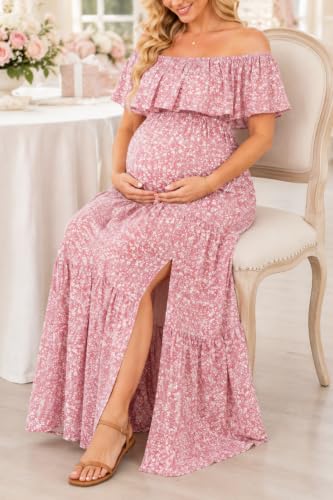 Talisea Maternity Off Shoulder Ruffle Maxi Dress Pregnancy Baby Shower - color: Pink Floral, size: Large