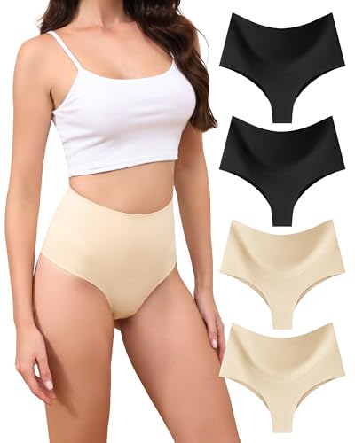 LEVAO 4-Pack Women Tummy Control Thong High Waist Seamless Underwear S-XXL - color: Black*2,nude*2, size: XX-Large