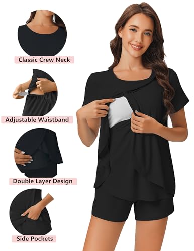 Ekouaer 3 PCS Maternity Nursing Pajamas Set Postpartum Breastfeeding PJS - color: Black, size: Small