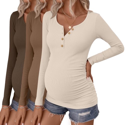 Huukeay 3 Pack Womens Maternity Long Sleeve Shirts - color: Apricot, Light Coffee, Coffee, size: Medium