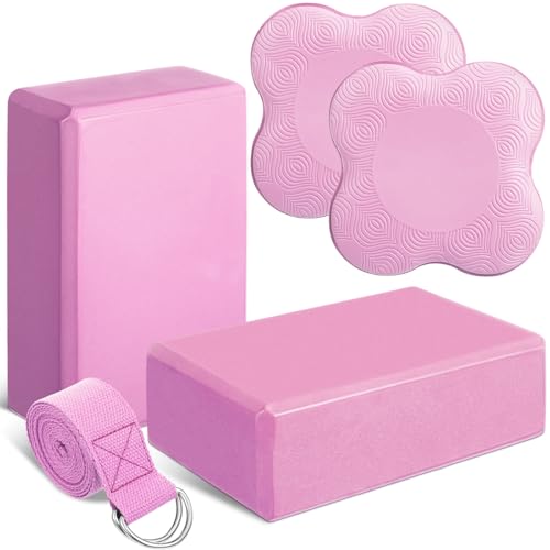 RoundFunny 5 Pcs Yoga Blocks Knee Pads Strap Set Foam Pilates - color: Pink