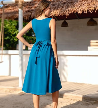 Women's Nursing Dresses Breastfeeding Comfortable Cotton Midi Breastfeeding Dress with Pockets - color: 48#prussian Blue, size: 2X