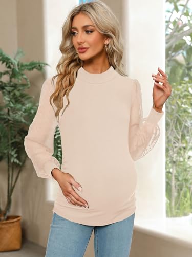 FMEYOA Women's Maternity Shirt Long Sleeve Top Mock Neck Blouse - color: Beige, size: Medium