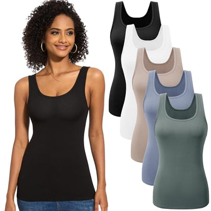 TVKSOM 5 Pack Basic Ribbed Tank Tops for Women Layering Undershirts - color: 5pack Olive Green,dark Blue,nude,white,black, size: X-Large