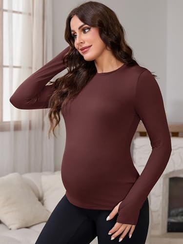Women Maternity Stretchy Fitted Crew Neck Long Workout Tops - color: Dark Red, size: Small