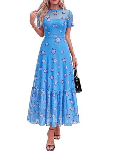 BTFBM Womens Mesh Ruffle Boho Cocktail Dresses - color: Floral Light Blue Purple, size: Medium