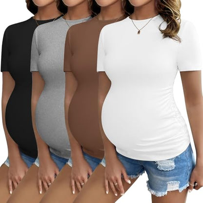 Ekouaer 3/4 Pack Womens Maternity Shirts Short Sleeve Pregnancy Tops - color: Z 4pcs Black / Brown / Light Grey / White, size: Medium