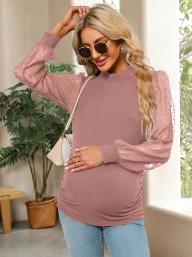 FMEYOA Women's Maternity Shirt Long Sleeve Top Mock Neck Blouse - color: Pink, size: Medium