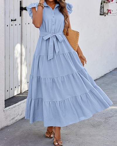 dowerme Women Ruffle Sleeve Button Belted Boho Maxi Dress - color: Sky Blue, size: XX-Large