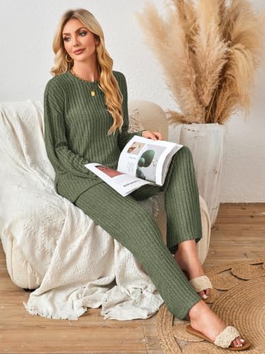 Kikibell Womens Sets 2 Piece Outfits Matching Lounge Set Cozy Knit Pajamas - color: Army Green, size: Medium