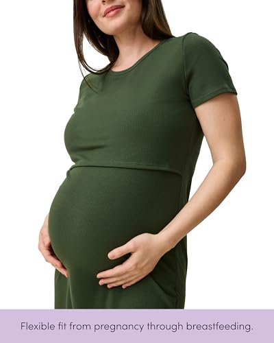 Kindred Bravely Essentials Ribbed Maternity Nursing Dress for Breastfeeding - color: Olive, size: Large