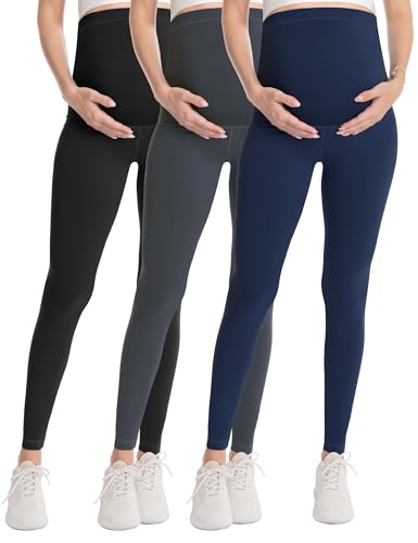 Maternity Over Belly Leggings, Soft Support Yoga Tights Pants - color: 3 Packs-black/Dark Grey/Navy, size: X-Large