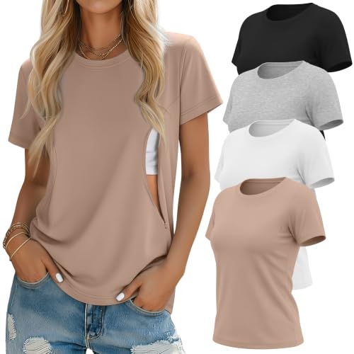 Oakgarden 4 Pack Nursing Breastfeeding Shirts - color: Khaki, White, Light Gray, Black, size: Small