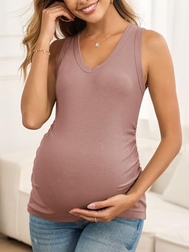 FMEYOA Maternity Tank Tops V Neck Ribbed Knit Sleeveless Maternity Shirts - color: Pink, size: Small