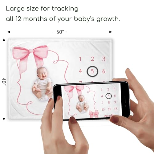 Pink Bow Milestone Blanket, Girl Bowknot Baby Growth Chart Monthly Blanket - color: Bow