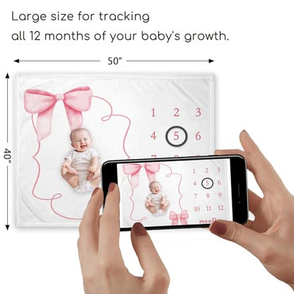 Pink Bow Milestone Blanket, Girl Bowknot Baby Growth Chart Monthly Blanket - color: Bow