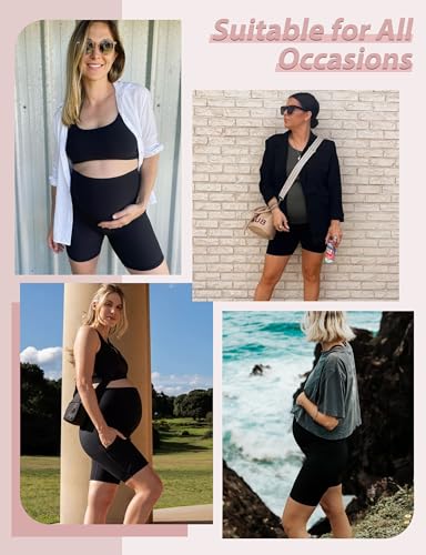 CTHH 4 Pack Soft Maternity Biker Shorts Over Belly with Pockets 8" - color: 02- 4 Pack Black, size: Small
