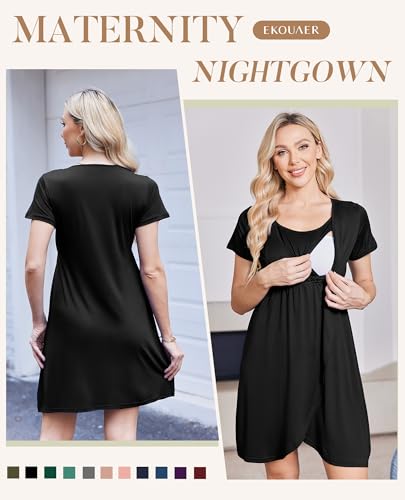 Nursing Nightgown Short Sleeve Breasfeeding Birthing Gown Maternity Dress - color: Black, size: Medium