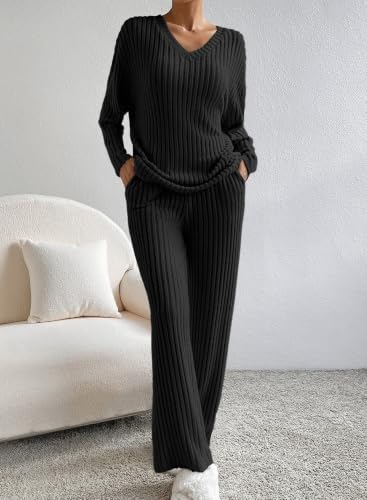 SHEWIN Women's Pajama Sets Ribbed Knit 2 Piece Lounge Sets - color: B Black, size: Large