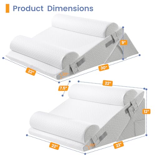 Sasttie Adjustable Wedge Pillow Set for After Surgery, Light Grey & White - color: Light Grey & White, size: Adjustable 9&12 Inch + 2 Head Pillows