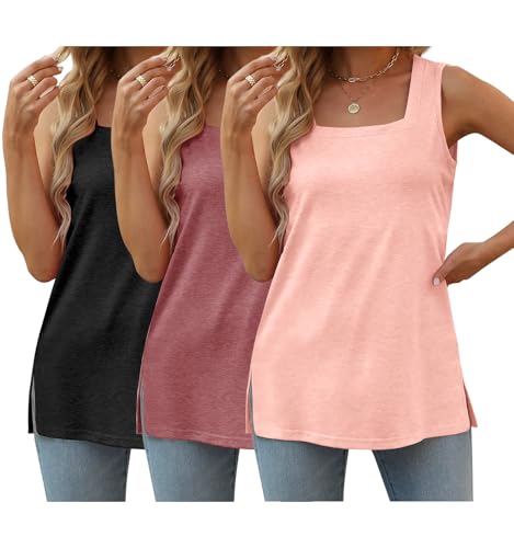 3 Pack Women Plus Size Tank Tops Basic Square Neck Sleeveless Tees - color: Black Rose Pink, size: 3X-Large Plus