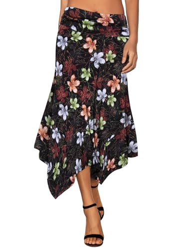 DJT Women's Flowy Handkerchief Hemline Midi Skirt - color: Black Floral, size: XX-Large