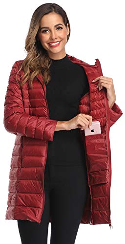 Obosoyo Women's Winter Packable Down Jacket Plus Size Ultralight Long Down Outerwear Puffer Jacket Hooded Coat - color: Black, size: Large