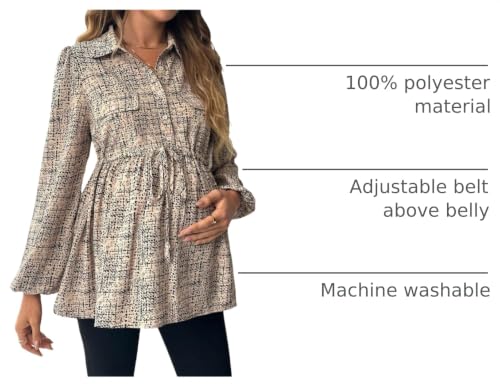 MakeMeChic Women's Maternity Blouse Long Sleeve Belted Button Down Tops - color: Khaki a, size: Large