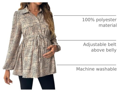 MakeMeChic Women's Maternity Blouse Long Sleeve Belted Button Down Tops - color: Khaki a, size: Large