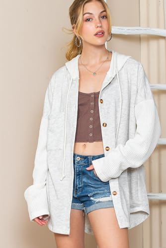 SHEWIN Women Oversized Hooded Sweatshirt Loose Fit Casual Button Hoodies - color: A Gray, size: Large