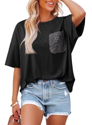 Dokotoo Womens Tops Summer 2026 Oversized T Shirts Lace Pockets - color: Black, size: Medium