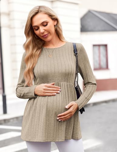 Maternity Shirts Dressy Long Sleeve Pregnancy Fall Tops Work Blouses - color: Mocha Brown, size: Large