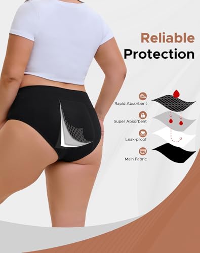 INNERSY Women's Plus Size Period Underwear High Waist Heavy Flow 3-Pack - color: Black, size: XX-Large