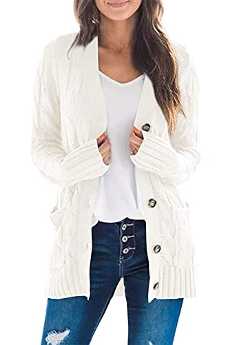 ZESICA Long Sleeve Button Down Open Front Cable Knit Cardigan Sweaters - color: Beige, size: Small