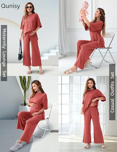 Maternity Lounge Set, 2 Piece Matching Set with Wide Leg Pants - color: Brick Red, size: Small