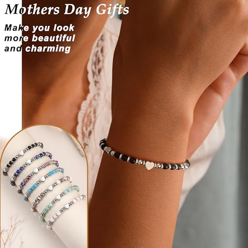 Christmas Gift for Women, Beaded Bracelets for Women Teen Girl Gifts Stocking Stuffers for Her Adjustable Nature Stone Bead Bracelet with Heart Birthday Jewelry Grandma Daughter Granddaughter Mom - color: Black Onyx- Daughter in law