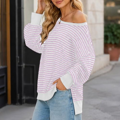 Fall Tops for Women 2026 off Shoulder Striped Top Long Sleeve Pullover Tops - color: Pink, size: Small
